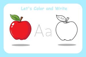 Flashcards Lets Color and Lets Write Apple Fruit Worksheet for Kid Learning vector