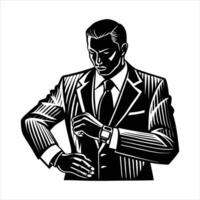 business man in a suit standing and checking time.. vector