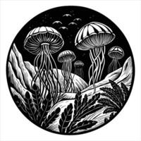Jellyfish floating near glowing. vector
