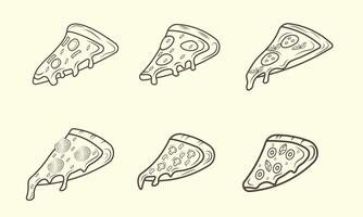 Various outline pizza slices with different toppings are displayed on a white background Perfect for menu designs or food illustrations. vector