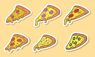 Colorful cartoon illustration showcases various pizza slices featuring different toppings on a light yellow background Great for menu design or food-related projects. vector