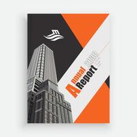 an orange and black brochure with a building in the background vector