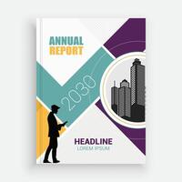 annual report cover template with man standing in front of buildings vector