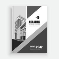 a black and white brochure with a building in the background Template vector
