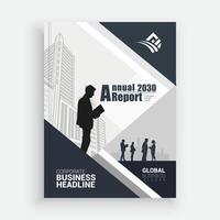 an annual report cover template with a business man standing in front of a building vector