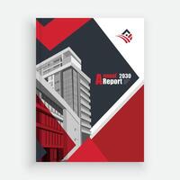a red and black brochure with a building in the background vector
