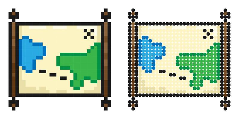 Pixel icon. Old map. Papyrus paper rolled up. Medieval letters and pirate treasure maps. Simple retro game image isolated on white background