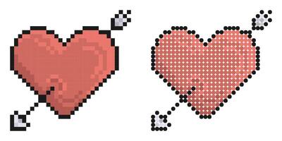 Pixel icon. Arrow pierced heart. Valentines day sivol, heart pierced by an arrow. Simple retro game isolated on white background vector