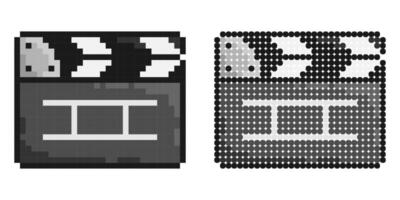 Pixel icon. Clapper board for shooting film in open position. Assistant director. Simple retro game image isolated on white background vector