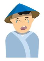 Little asian boy in national clothes and round hat cries from grief and resentment. Kid has bad mood. Cartoon character colored image isolated on white background vector