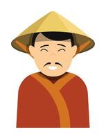 Japanese merchant with small black mustache in national straw hat. Ancient man in festive traditional dress. Cartoon character. image isolated on white background vector