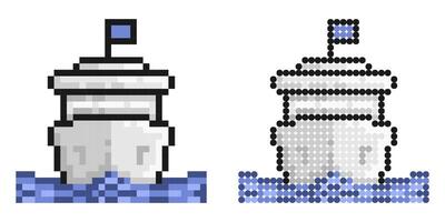 Pixel icon. Cruise ship for ocean voyages around the world. Multi deck liner for sea recreation. Simple retro game image isolated on white background vector