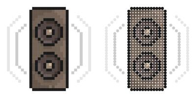 Pixel icon. Musical speaker for playing music with sound waves. Disco equipment. Simple retro game image isolated on white background vector