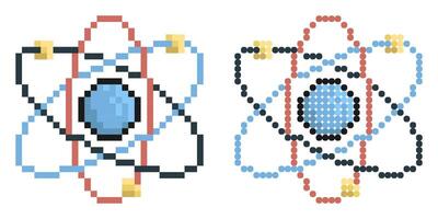 Pixel icon. Atom, electrons revolve around proton in orbits. School education in physics. Nuclear power. Simple retro game isolated on white background vector