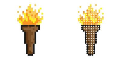 Pixel icon. Torch icon with burning fire. Road lighting. Simple retro game image isolated on white background vector