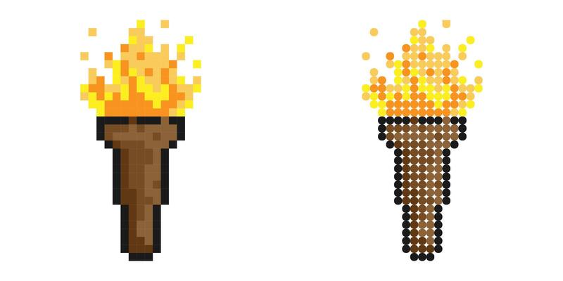 Pixel icon. Torch icon with burning fire. Road lighting. Simple retro game image isolated on white background