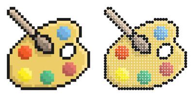 Pixel icon. Palette with multicolored watercolors and brush. Stationery for school. Simple retro game image isolated on white background vector