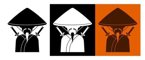 Silhouette of Japanese samurai with beard in national straw hat. Ancient warrior in traditional dress with swords behind his back. Cartoon character. image isolated on white background vector