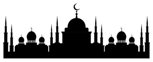 Horizontal black and white banner with silhouette of muslim mosque facade, dome and crescent symbol on top. Religious building for prayers flat. isolated on white background vector