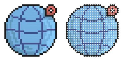 Pixel icon. Globe with checkpoint mark. Navigation on map using GPS system. Simple retro game image isolated on white background vector