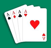 Set of 4 aces of playing cards of different suits. Diamonds, Hearts, Clubs, Spades. Combination of four kinds in poker. Realistic isolated on green background vector