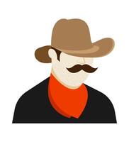 Portrait of cowboy man with thick mustache and wide brimmed hat. Shooter, bandit, sheriff of wild west. Cartoon isolated on white background vector