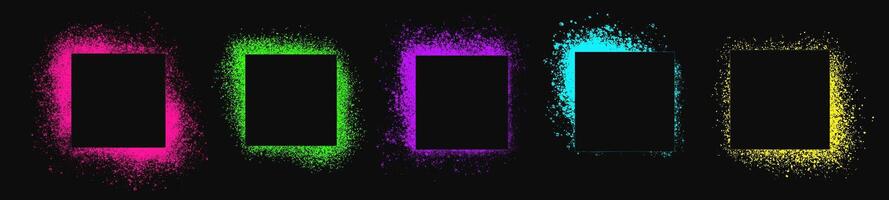 Set of neon colored square spray stencils isolated on black background. Urban street graffiti style. Airbrush paint splatter borders, grunge street art frames with splash effect and drops vector