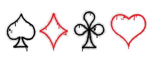 Hand drawn poker card suits in graffiti style with splash effects and drops in black and red on white background. Hearts, clubs, spades and diamonds vector