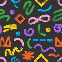 Seamless pattern with colorful charcoal graffiti various geometric shapes. Abstract background with bold marker brush drawn vector