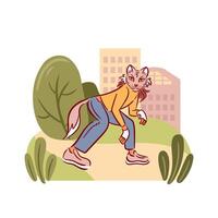 Quadrobics combines imaginative workouts, integrating nature-themed exercises with urban fitness trials. A girl in a mask and with a wolf s tail. illustration. vector