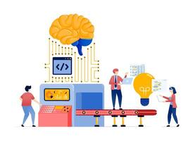 Illustration of People in an Idea Factory Powered by an Internet Network and AI Brain, Creating Learning Machines with Light Bulb Innovations for Enhanced Creativity vector