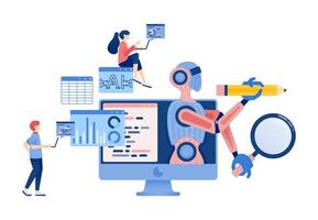 Artificial Intelligence Illustration of People Analyzing Accounting Graphs with AI Robots and Programming Assistance vector