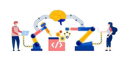 Illustration of People Using Machines Assisted by AI Brains to Enhance Production Tools and Develop New Programming Languages for Advanced Learning Machine Applications vector