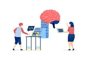 Illustration of People Accessing Brain Data to Develop Artificial Intelligence Technology Using Programming and Code for Advanced Cognitive Computing and Data Insights vector
