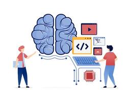 Illustration of People Developing Artificial Intelligence with Programming Languages and Coding for Network and Chip Optimization vector
