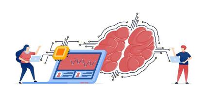 Illustration of People Accessing Financial Investment and Accounting Services via AI Brains Powered by Latest Processing Chips, Enhancing Work Efficiency and Convenience vector