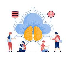 Illustration of People Accessing Cloud and Database Data, Supported by AI Brains Connected to a Global Internet Network for Seamless Digital Integration vector