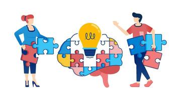 Illustration of People Solving Complex Problems and Developing Innovative Ideas with the Aid of an AI Brain, Lightbulbs, and Puzzle Elements for Brainstorming vector