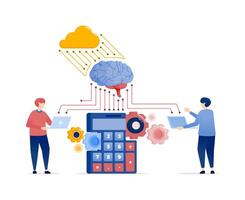 Illustration of People Accessing Mathematical and Accounting Data to Develop AI Models with Cloud-Based Learning Machines, Brain Networks, and an Active Calculator vector