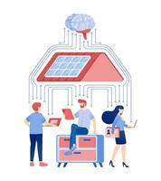 Illustration of an AI Brain Optimizing Clean Energy for an Independent House Using Eco-Friendly Solar Panels and Networked Energy Integration vector