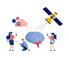 Illustration of People Connected to a Network Powered by Artificial Intelligence with Wireless Cloud and Satellite Connectivity for Global Data Exchange vector