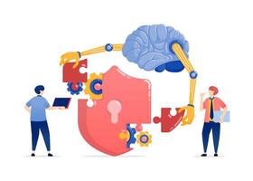 Illustration of People Designing Security Systems Using AI-Powered Brains and Cyborg Hands to Solve Puzzle Challenges on a High-Tech Protective Shield for Data Safety vector