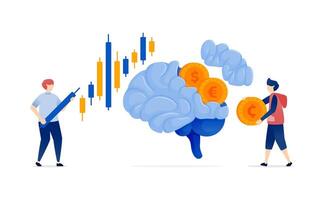 Illustration of People Using AI Brains Powered by Financial Data and Learning Machines to Resolve Investment Decisions and Enhance Banking and Payment Services Efficiency vector