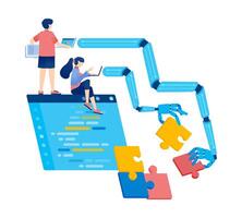 Artificial Intelligence Illustration of People Designing Programs and Robot Hands Solving Puzzles with AI Language vector