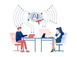 Illustration of People Working at Desks, Connected to an AI-Driven Internet Network, Streamlining Workflow Efficiency and Enhancing Ease of Work in Modern Offices vector