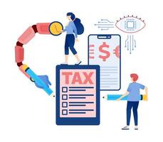 Illustration of People Utilizing Internet Networks and Cyborg Hands for Tax Surveys, Banking, and Investment Access, Enhancing Financial Services with AI-Driven Precision vector