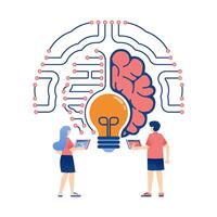 Artificial Intelligence Illustration of People in Network Searching for Ideas and Knowledge with Brain and Light Symbols vector