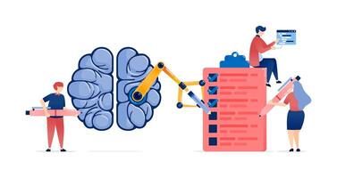 Illustration of People Using Cyborg Robot Arms to Complete Surveys, Exams, and Quizzes Powered by AI Brains in Developing Advanced Learning Machines for Innovative Education vector