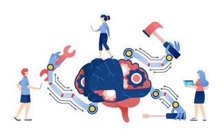 Artificial Intelligence Illustration of People Developing Self-Repairing Learning Machines with Robot Hands and Tools vector