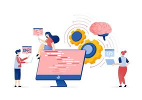 Illustration of People Developing Programming Mechanisms for Artificial Intelligence and Learning Machines with Code Displayed on a Monitor and Gears Rubbing the Brain vector